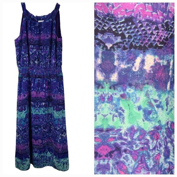 Chico's Blue Watercolor Sleeveless Halter Chiffon Dress Colorful Knee Length - Picture 1 of 11